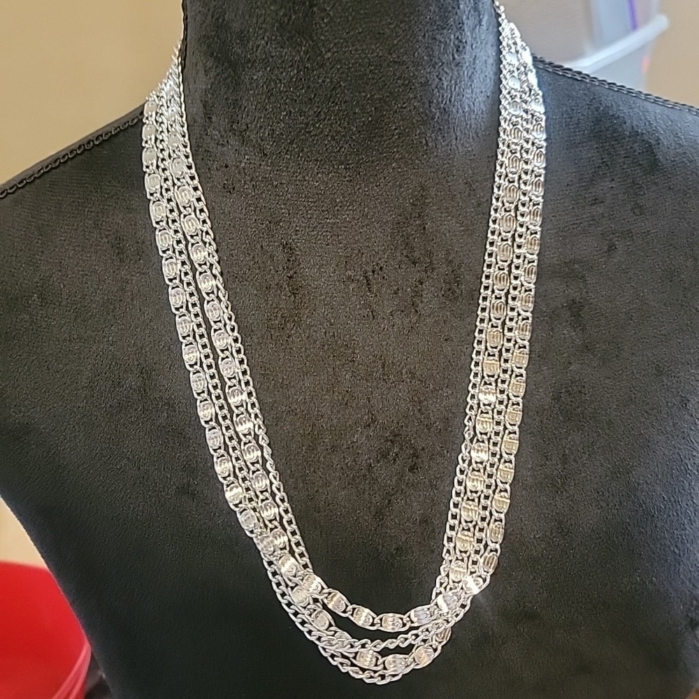 Vintage Sarah Coventry Layered Snail Chain Necklace 4 Row Silver Tone Long  24"